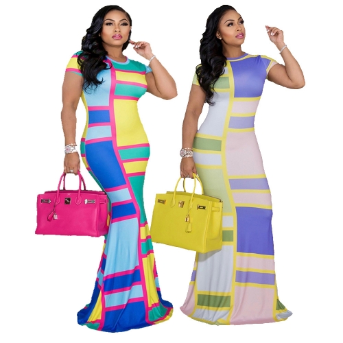 Charming Casual color block print round neck maxi dress
