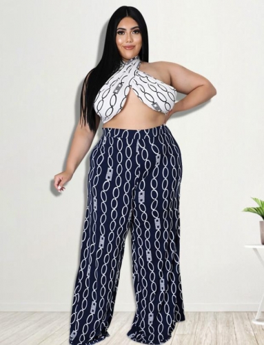 Sexy printed plus size tube top wide leg pants suit