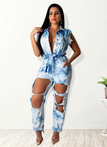 Street ripped sleeveless woven jumpsuit