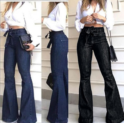 High waist micro elastic lace up flared Wide Leg Jeans