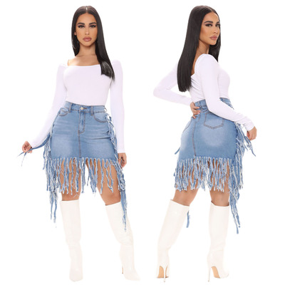 Sexy hole tassel denim bag hip skirt