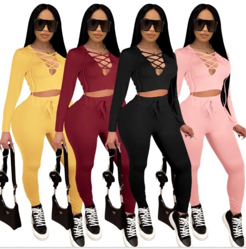 Fashion long sleeve hooded bangdage pants suit