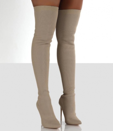 Pointed stiletto heel flying knit over-the-knee boots