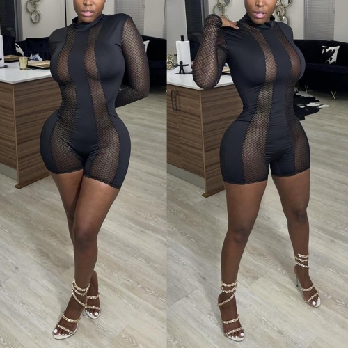 Sexy mesh perspective long sleeve Jumpsuit women
