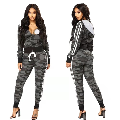 Fashion casual camouflage printed sports two piece set