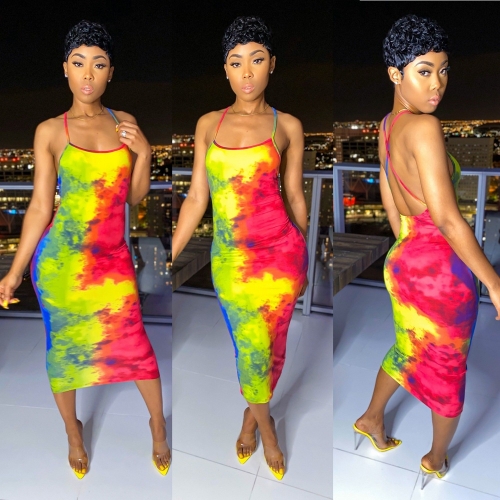 Tie dyed printed suspender dress