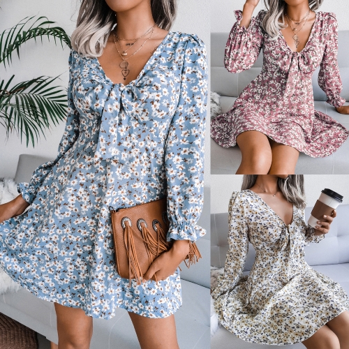 Casual bow Floral Chiffon Dress