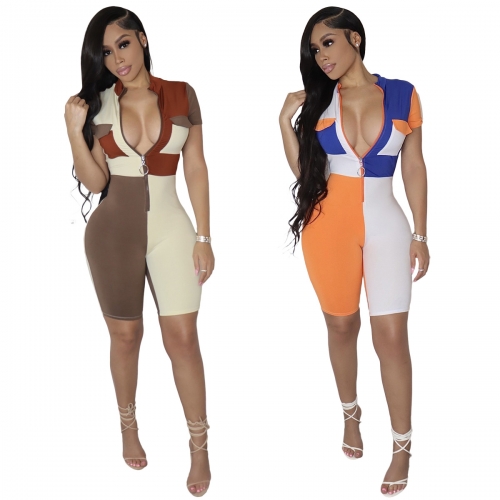 Fashion sexy tight contrast color splicing short Jumpsuit
