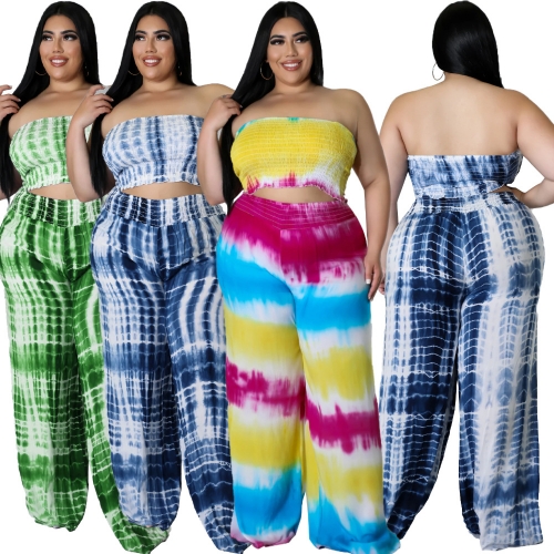 Casual tie-dye print plus size pants set