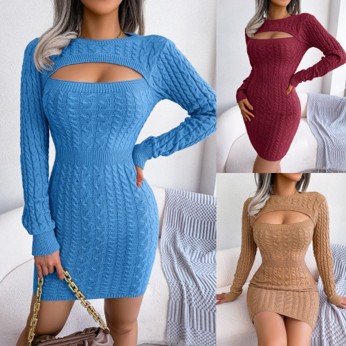 Sexy hollow waist wool dress