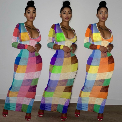 Sexy printed colorful Plaid Dress