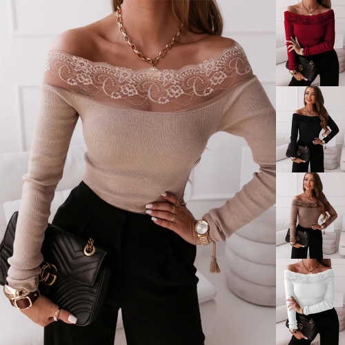 Sexy lace splicing long sleeved sweater