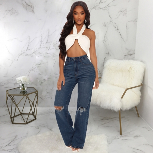 Casual ripped stretch straight jeans