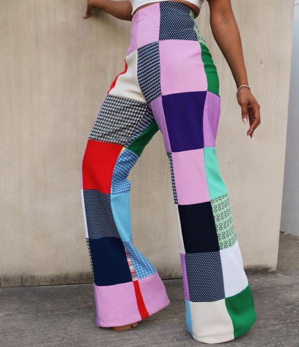 Casual colored plaid printed flare pants