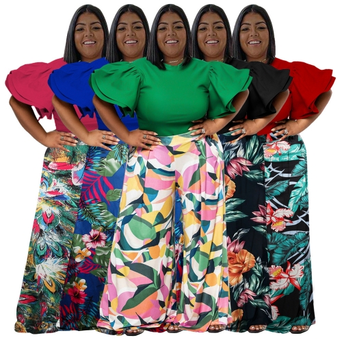 Printed round neck plus size two-piece pants set