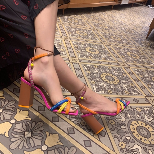 Thick high-heeled hollow color sandals