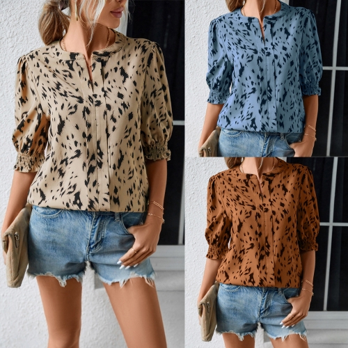 Printed round neck ruffle sleeve loose top