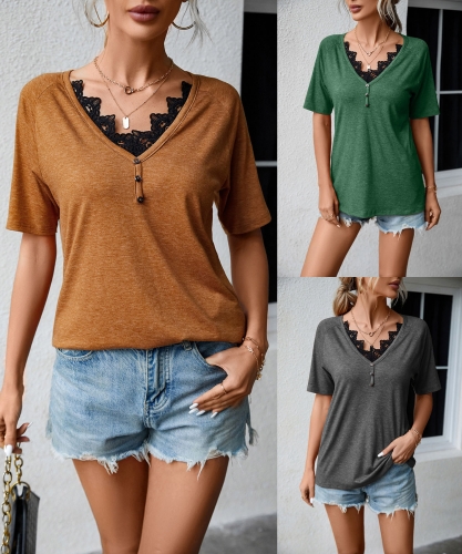 Loose V-neck lace short sleeve top