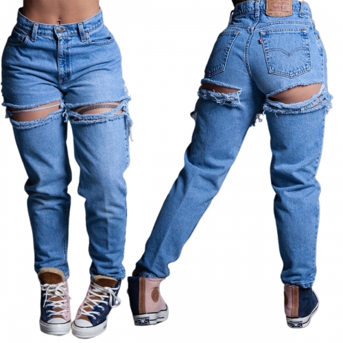 Fashion loose high waist wide leg ripped jeans