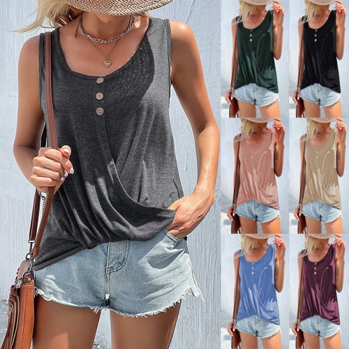 Casual cross button round neck sleeveless tank top