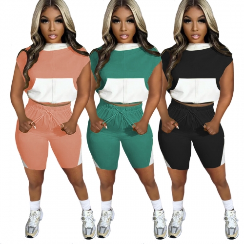 Color blocking hooded shorts set