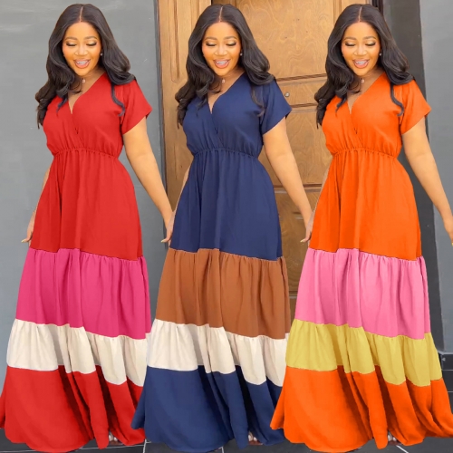 V-neck elastic waistband color matching maxi dress