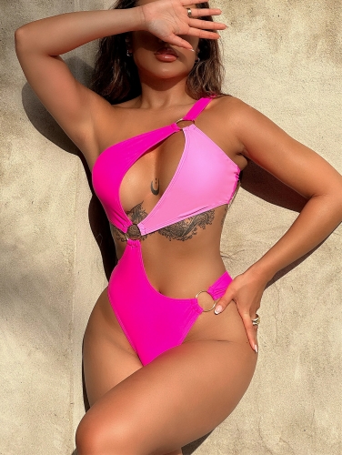 One shoulder cut-out color blocking one piece swimsuit