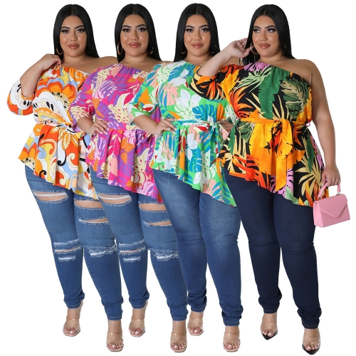 Plus size Printed Long Sleeve Lace Up  Top
