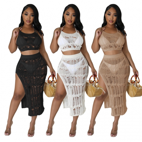 Beach Tank Top Woven Split Skirt Set