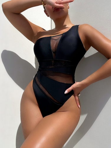 One shoulder mesh patchwork one piece swimsuit