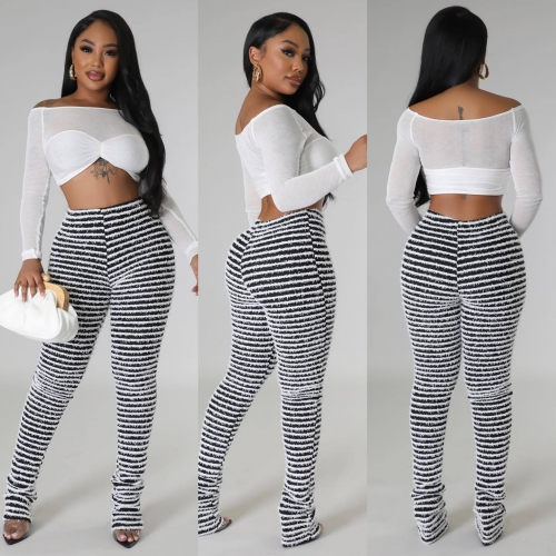 High waisted knitted striped tight stacked pants