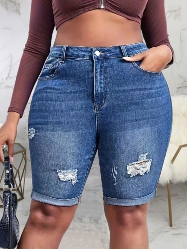 Casual stretch pierced hem oversized denim shorts