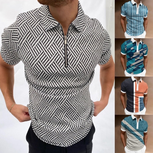 Color blocking printed Polo zippered T-shirt