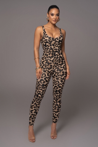 U-neck leopard print jumpsuit