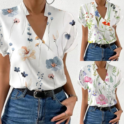 Casual printed V-neck standing collar shirt