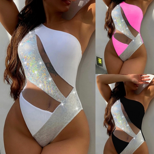 Sequin mesh patchwork one piece swimsuit