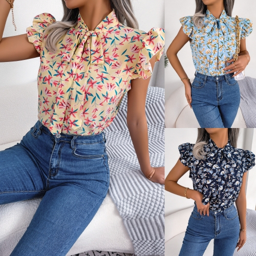 Casual floral ear lace up bow chiffon shirt