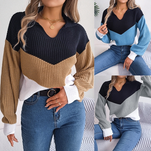 Casual Polo Collar Contrast Long Sleeve Knit Pullover Sweater