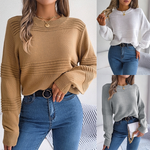 Casual solid color long sleeved knitted pullover sweater