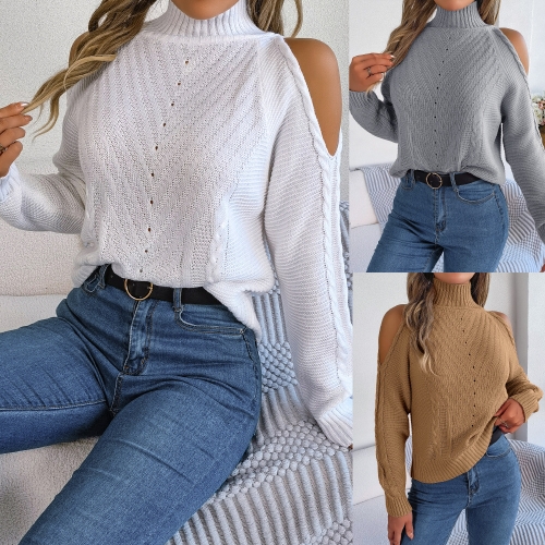Casual Off Shoulder High Neck Hollow Long Sleeve Knit Pullover Sweater