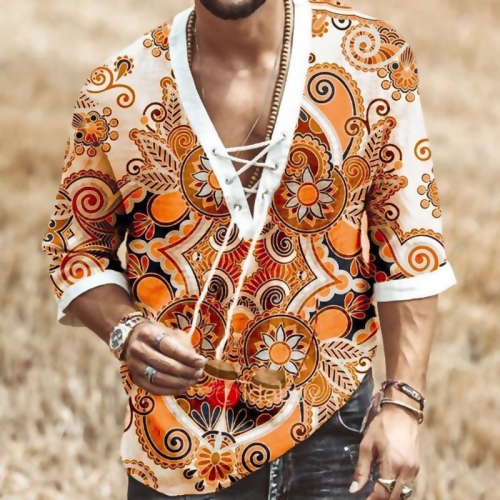 Men's chest lace up V-neck medium sleeve printed shirt