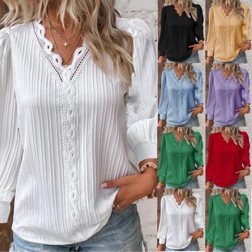 Casual V-neck lace patchwork shirt top