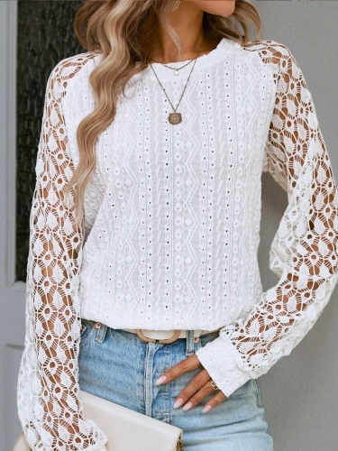 Solid round neck lace patchwork shirt top