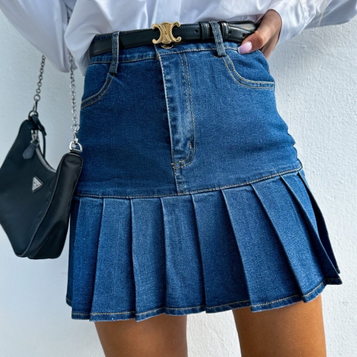 Fashionable pleated patchwork denim short skirt