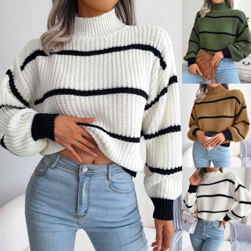 Casual striped lantern sleeve half high neck knitted sweater