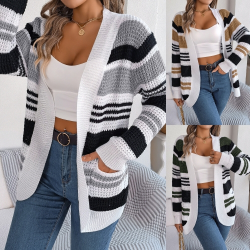 Casual contrast striped pocket long sleeved sweater cardigan jacket
