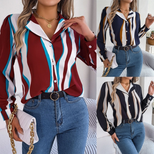 Casual versatile contrasting striped suit collar long sleeved shirt