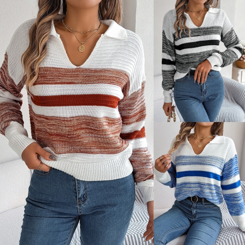 Casual Polo Collar Contrast Stripe Long Sleeve Knit Pullover Sweater
