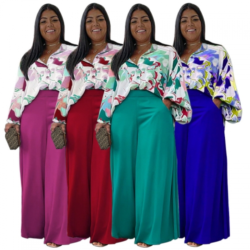 Casual printed large shirt top+wide leg pants two-piece set