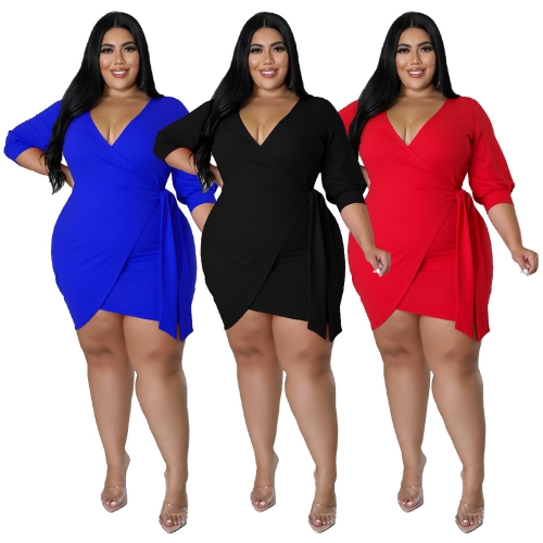 Solid Large V-Neck Split Irregular Dress